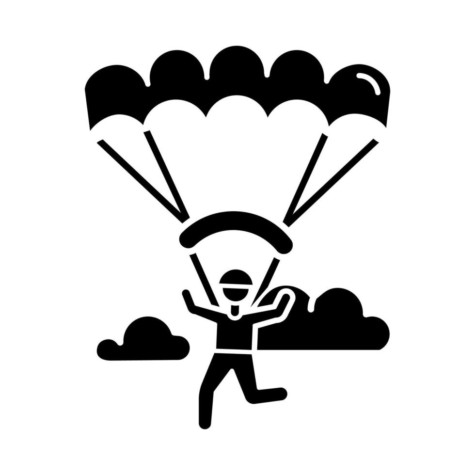 Paragliding glyph icon. Parachuting , paratrooping activity. Air extreme sport. Skydiving, hang gliding recreation. Flights in sky and jumps with parachute. Vector isolated illustration