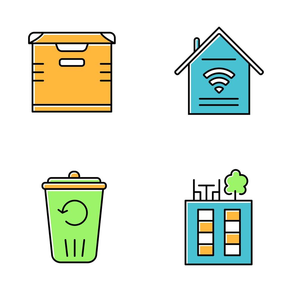 Apartment amenities color icons set. Smart home features, storage, recycling service, rooftop deck. Luxuries for dwelling inhabitants. Property conveniences for renters. Isolated vector illustrations