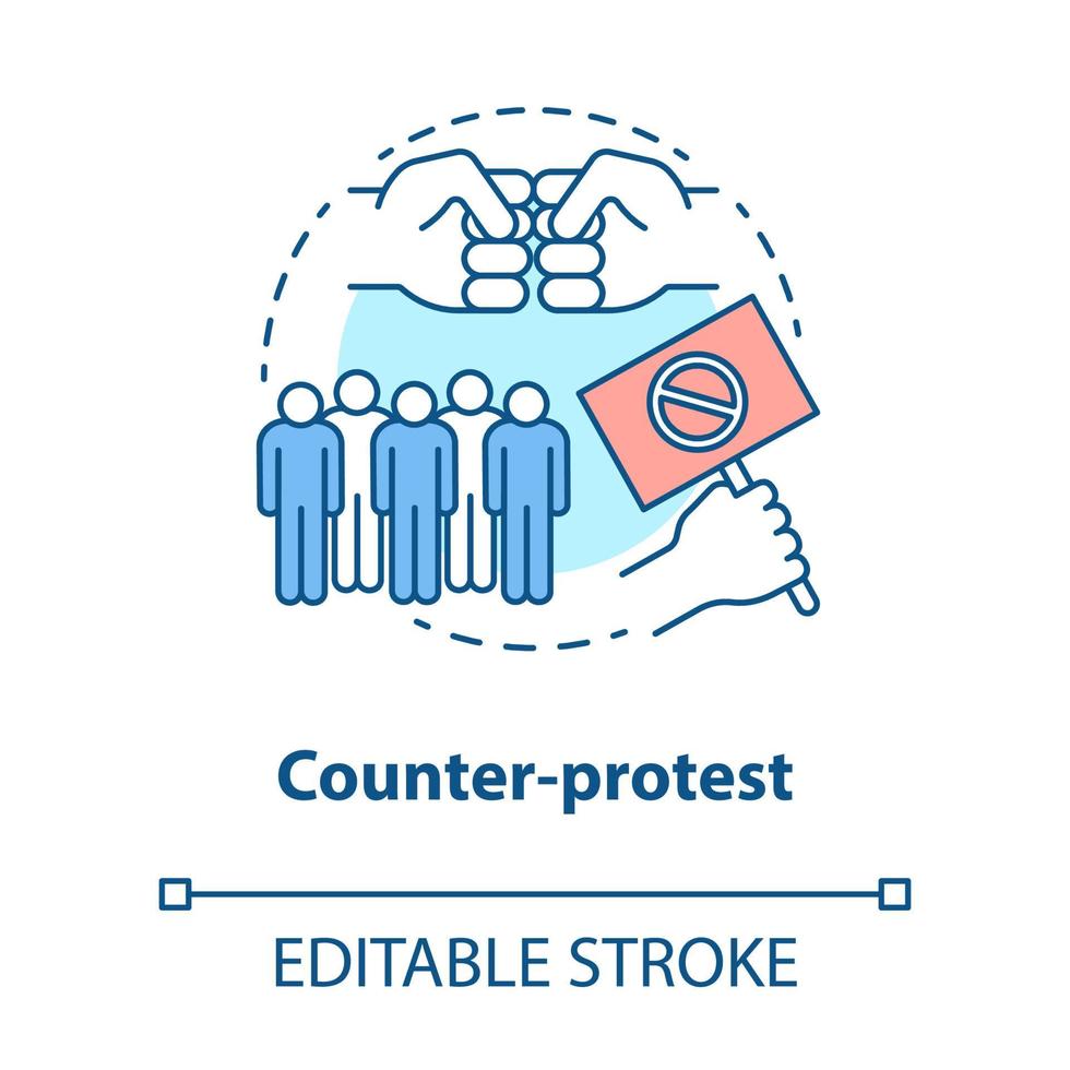 Counter protest concept icon. Public demonstration, disagreement manifestation idea thin line illustration. Hand holding placard, fists and crowd vector isolated outline drawing. Editable stroke
