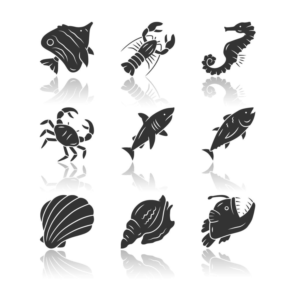 Marine animals drop shadow black glyph icons set. Swimming shark, anglerfish, butterflyfish. Underwater creature. Aquatic organism. Seafood restaurant. Lobster, tuna. Isolated vector illustrations