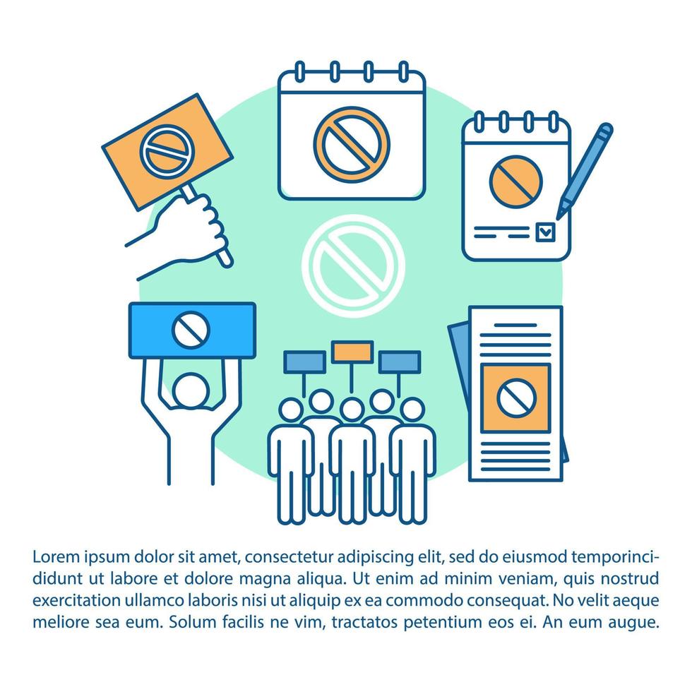 plantilla vectorial de página de artículo de protesta social. folleto de manifestación del gobierno, revista, elemento de diseño de folleto con iconos lineales y cuadros de texto. diseño de impresión. ilustraciones conceptuales con espacio de texto vector