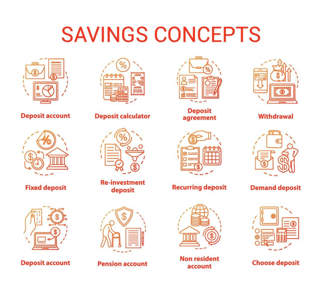 Savings concept icons set. Different banking systems, deposit account variety idea thin line illustrations. Passive income from savings account. Vector isolated outline drawings