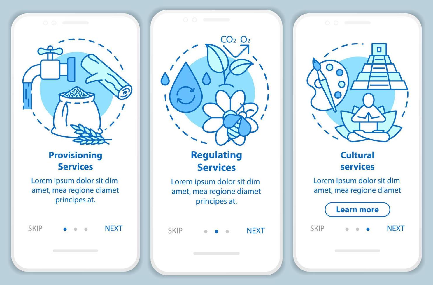 Ecosystem services blue onboarding mobile app page screen with linear concepts. Water resources provision walkthrough steps graphic instructions. UX, UI, GUI vector template with illustrations