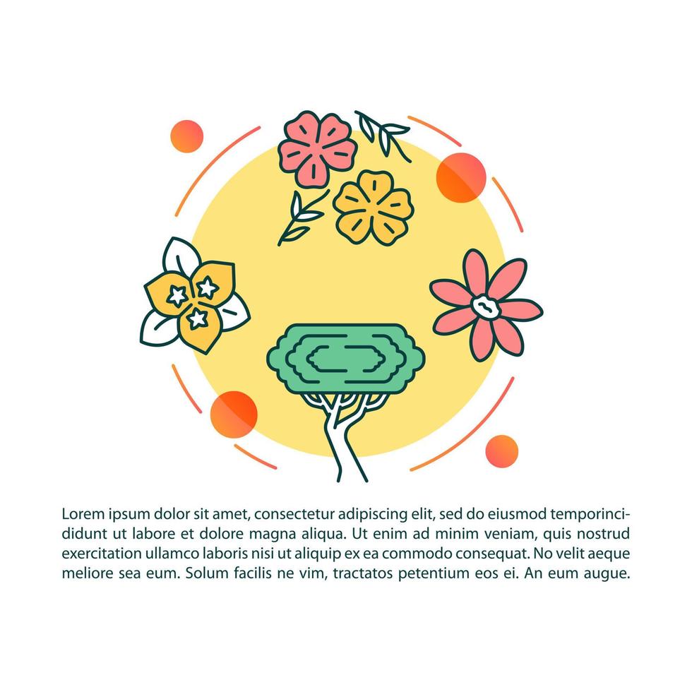 Botany article page vector template. Blooming flowers and trees. Brochure, magazine, booklet design element with linear icons and text boxes. Print design. Concept illustrations with text space