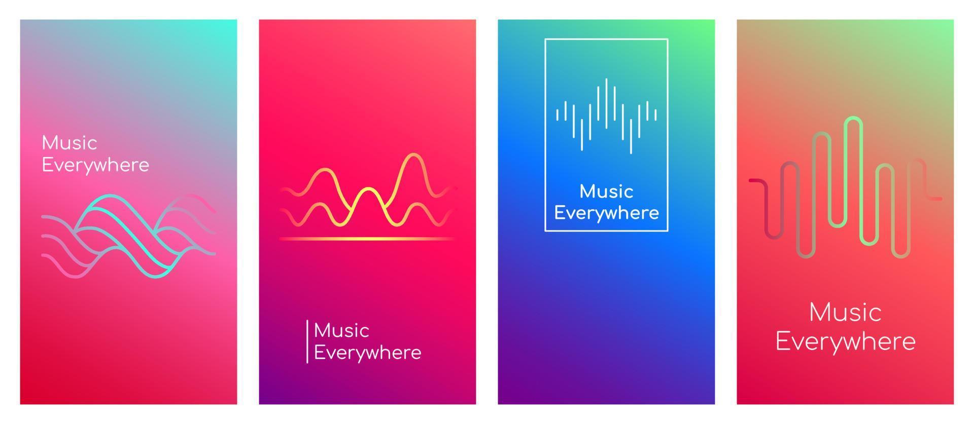 Music everywhere social media stories duotone template set. Gradient web banner with text, content layout. Modern vibrant mobile music player app design. Blending colors with sound waves mockup pack vector