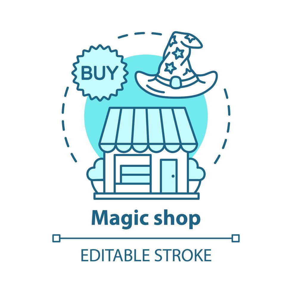 Magic shop concept icon. Witchcraft accessories sale idea thin line illustration. Mystic souvenirs retail business. Wizard hat and store building vector isolated outline drawing. Editable stroke