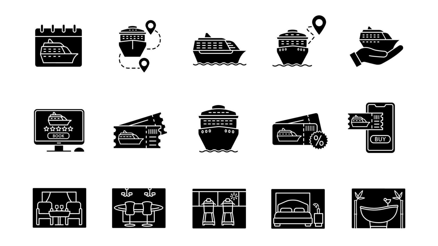 Cruise glyph icons set. Services, tickets booking and buying, ships, destinations. Summer voyage. Shore excursions, tours and travel agency. Silhouette symbols. Vector isolated illustration