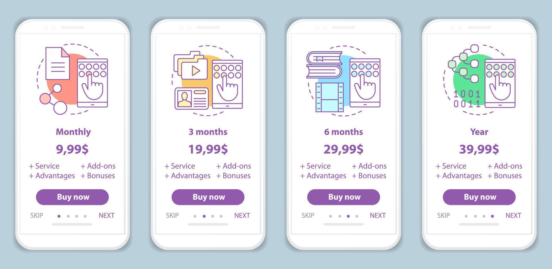 Subscription prices onboarding mobile app screens templates. Walkthrough website vector pages. Digital services costs. Tariff plans steps. Smartphone payment web page layout