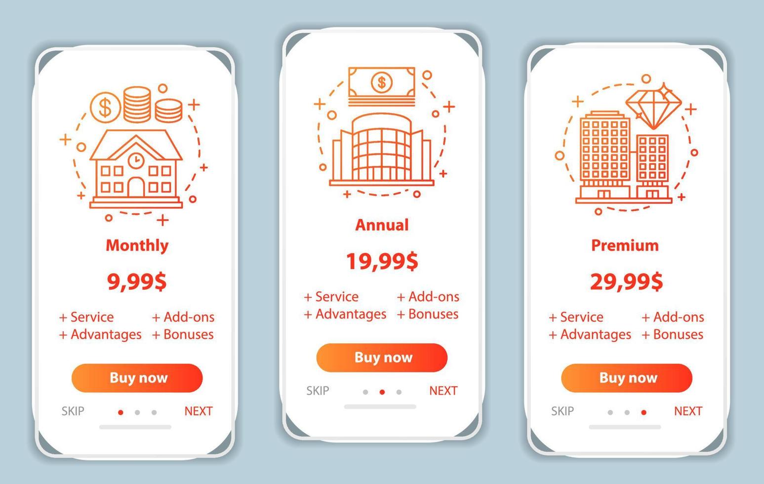 Tariff plans onboarding mobile app screens vector templates. Walkthrough website pages interface. Monthly, annual, premium service prices. Smartphone subscription payment web page layout