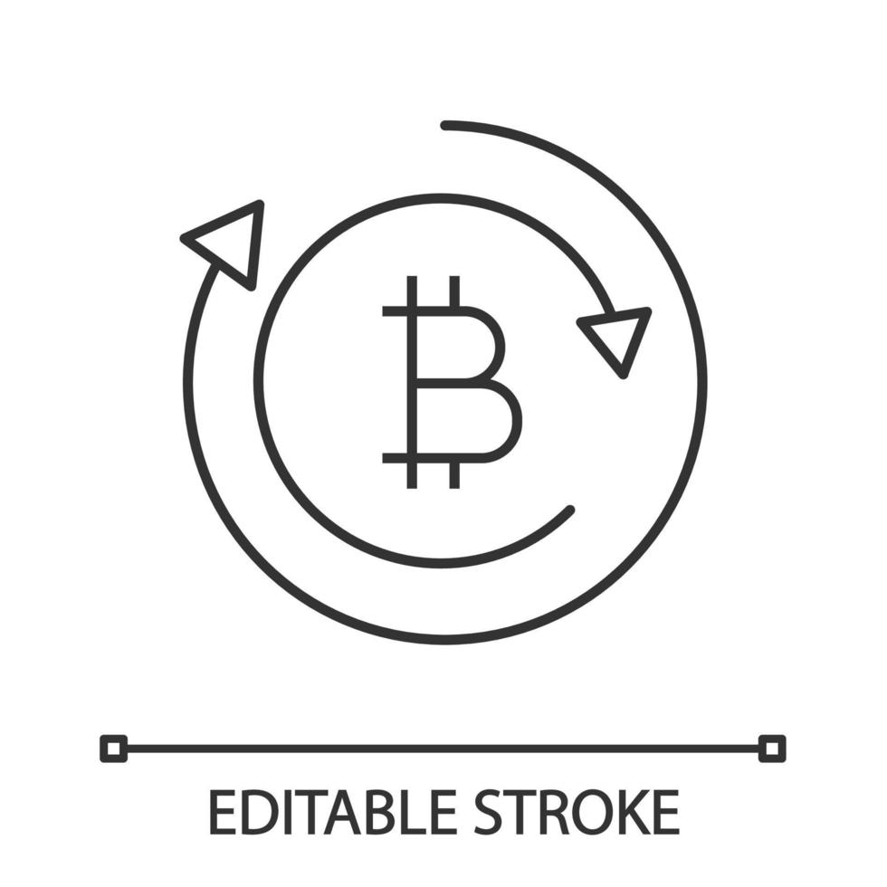 Bitcoin exchange linear icon. Digital currency transaction. Thin line illustration. Cryptocurrency mining. Bitcoin coin with arrows. Contour symbol. Vector isolated outline drawing. Editable stroke