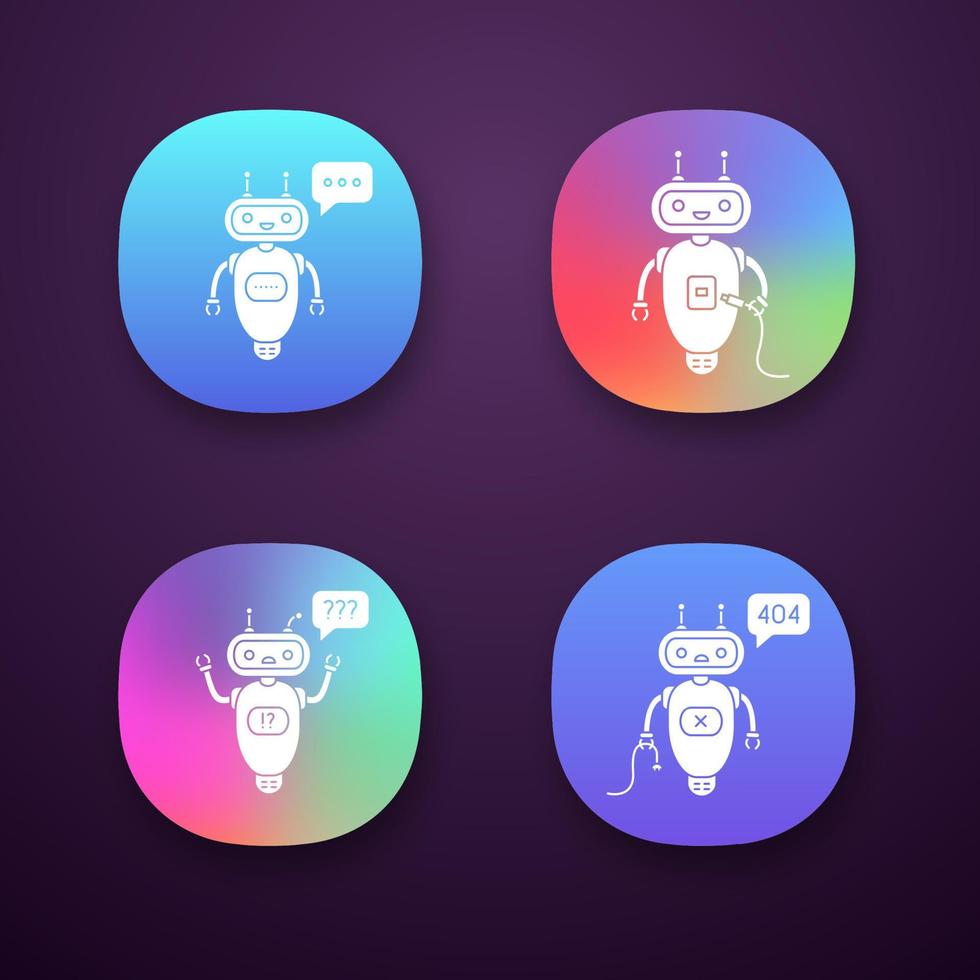 Chatbots app icons set. UI UX user interface. Talkbots. Virtual assistants. Typing, USB, question, not found chat bots. Modern robots. Web or mobile applications. Vector isolated illustrations