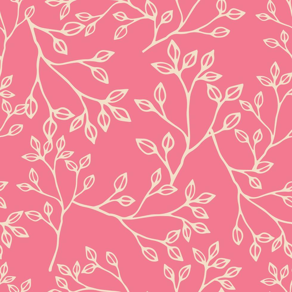 Seamless pattern with white outline drawings of meadow herbs on pink background. Twig with small leaves. Good print for wallpaper, textile, wrapping paper, ceramic tiles. Vector illustration