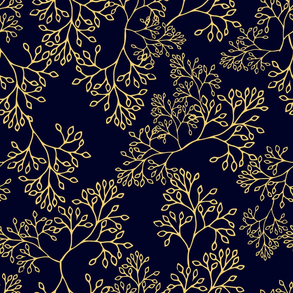 Contrast seamless pattern with yellow herbal twigs on deep blue background. Vector illustration. Good print for wallpaper, textile, wrapping paper, ceramic tiles, packaging design.