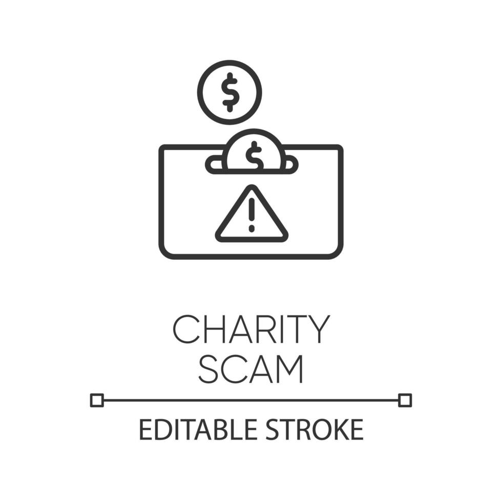 Charity scam linear icon. Sham charity. Fake donation request. False fundraiser. Money theft. Cybercrime. Thin line illustration. Contour symbol. Vector isolated outline drawing. Editable stroke