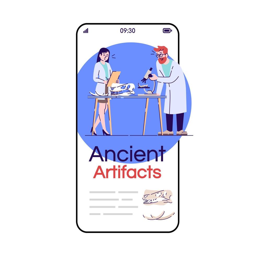 Ancient artifacts smartphone app screen. Mobile phone displays with cartoon characters design mockup. Scientists archeological researches. Laboratory application telephone interface vector