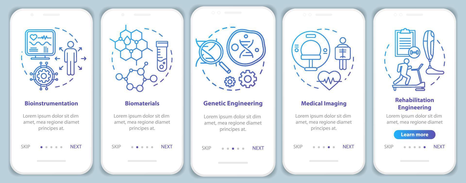 Bioengineering onboarding mobile app page screen vector template. Medical imaging. Bioinstrumentation. Walkthrough website steps with linear illustrations. UX, UI, GUI smartphone interface concept