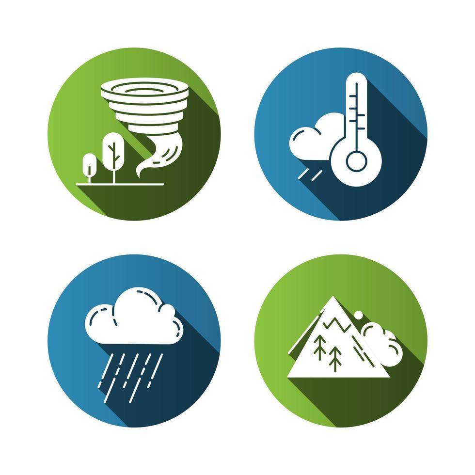 Natural disaster flat design long shadow glyph icons set. Global climate changes. Weather forecast, avalanche, tornado, downpour. Environmental hazards. Vector silhouette illustration