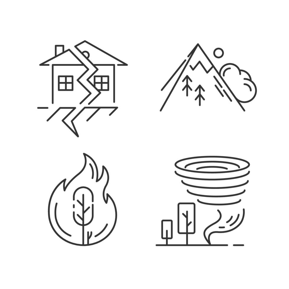 conjunto de iconos lineales de desastres naturales. catástrofes globales. incendio forestal, terremoto, tornado, avalancha. fuerza de la naturaleza. símbolos de contorno de línea delgada. ilustraciones aisladas de contorno vectorial. trazo editable vector