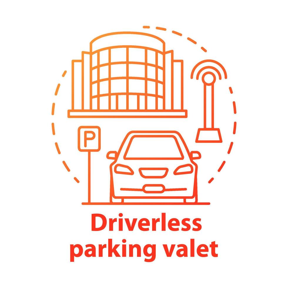 Driverless parking valet concept icon. Smart parking technology. City car-park. Stand for robotic vehicles idea thin line illustration. Vector isolated outline drawing. Editable stroke