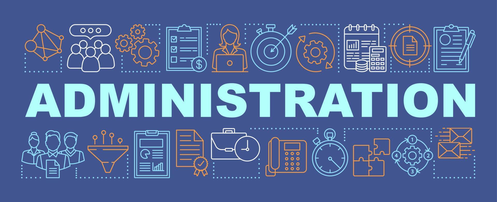 Administration word concepts banner. Business and corporate management. Organizational workflow. Presentation, website. Isolated lettering typography with linear icons. Vector outline illustration