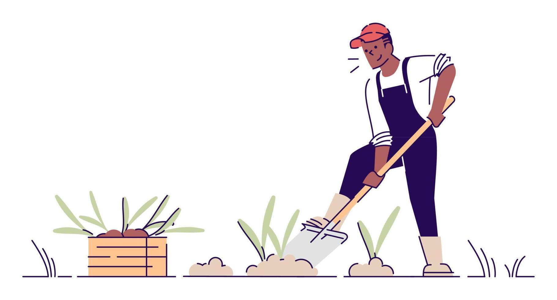 Farmer digging up crop flat vector character. African american man gardening cartoon illustration with outline. Harvest collecting concept. Gardener working with shovel isolated on white background