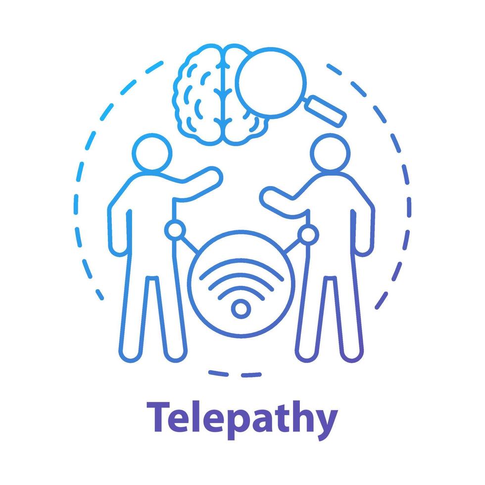Telepathy concept icon. Mind reading, thought transference idea thin line illustration. Supernatural psychic abilities. Brain with magnifying glass and people vector isolated outline drawing