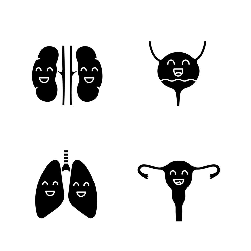 Smiling human internal organs glyph icons set. Happy kidneys, urinary bladder, lungs, uterus. Healthy pulmonary, urinary, reproductive systems. Silhouette symbols. Vector isolated illustration