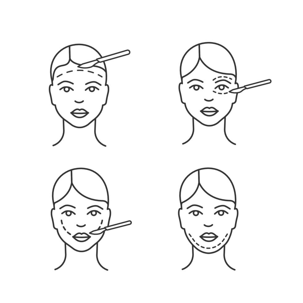 Plastic surgery linear icons set. Facelift surgery, blepharoplasty, double chin removal, cheek lift surgery. Thin line contour symbols. Isolated vector outline illustrations. Editable stroke