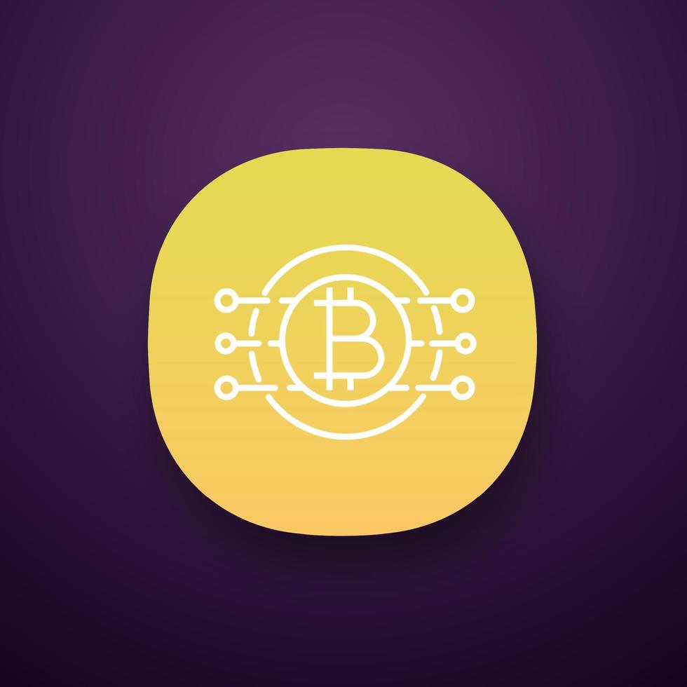 icono de la aplicación bitcoin. moneda virtual. banca en línea. pago de bitcoins. símbolo de contorno vías de microchip con moneda dentro. interfaz de usuario ui ux. aplicación web o móvil. ilustración vectorial aislada vector