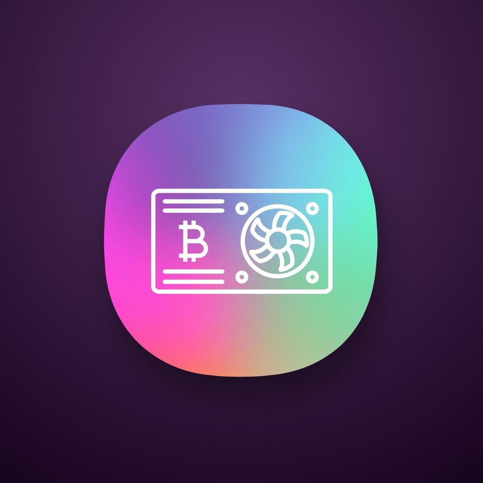 Bitcoin mining graphic card app icon. UI UX user interface. Video card for crypto business. Cryptocurrency gpu mining farm. Web or mobile application. Vector isolated illustration