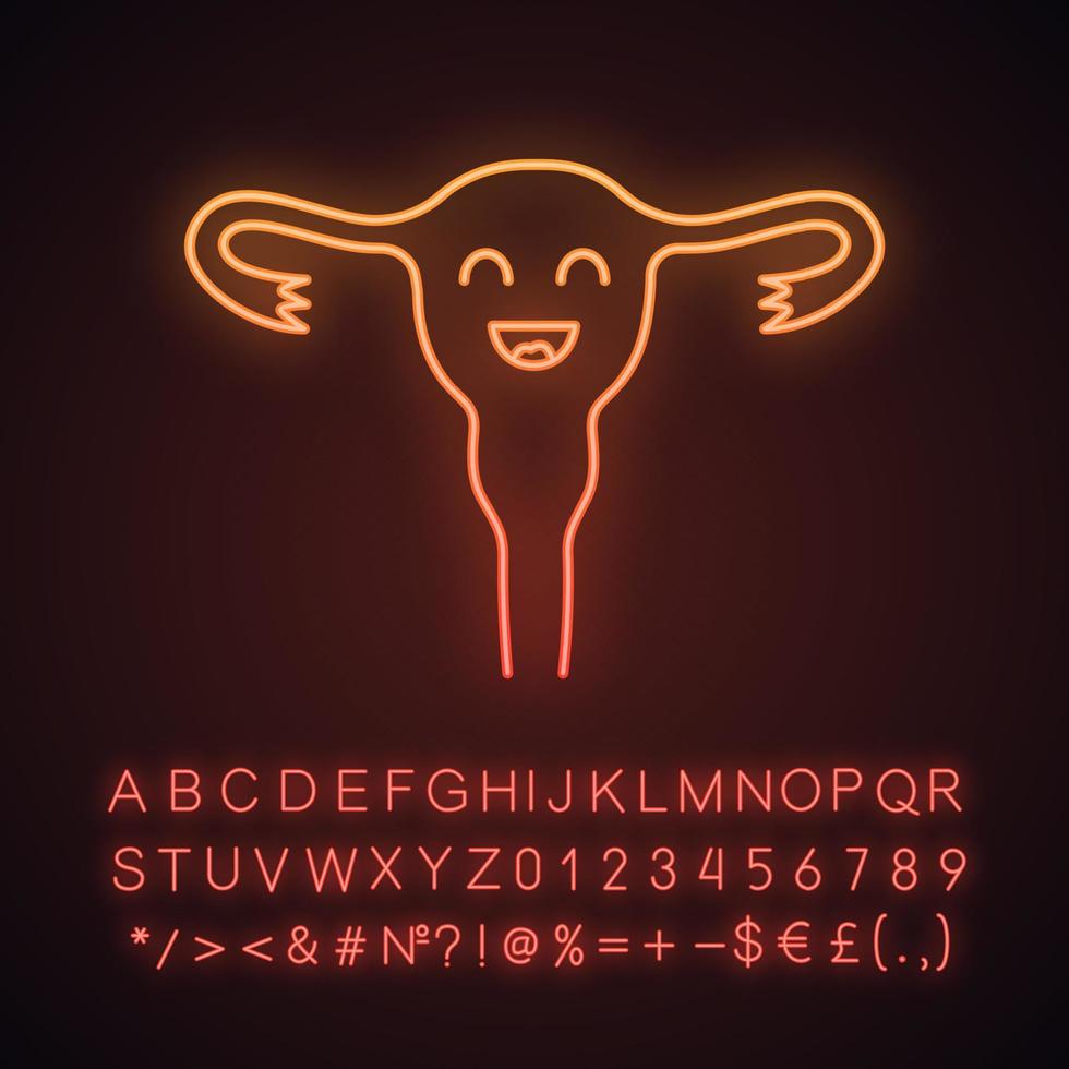 Smiling uterus neon light icon. Women health. Fertility. Healthy female reproductive system. Glowing sign with alphabet, numbers and symbols. Vector isolated illustration
