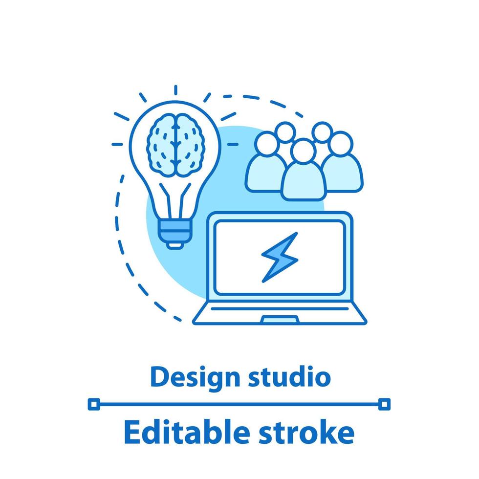 Design studio concept icon. Team creativity idea thin line illustration. Idea generation. Teamwork. Brainstorm. Vector isolated outline drawing. Editable stroke