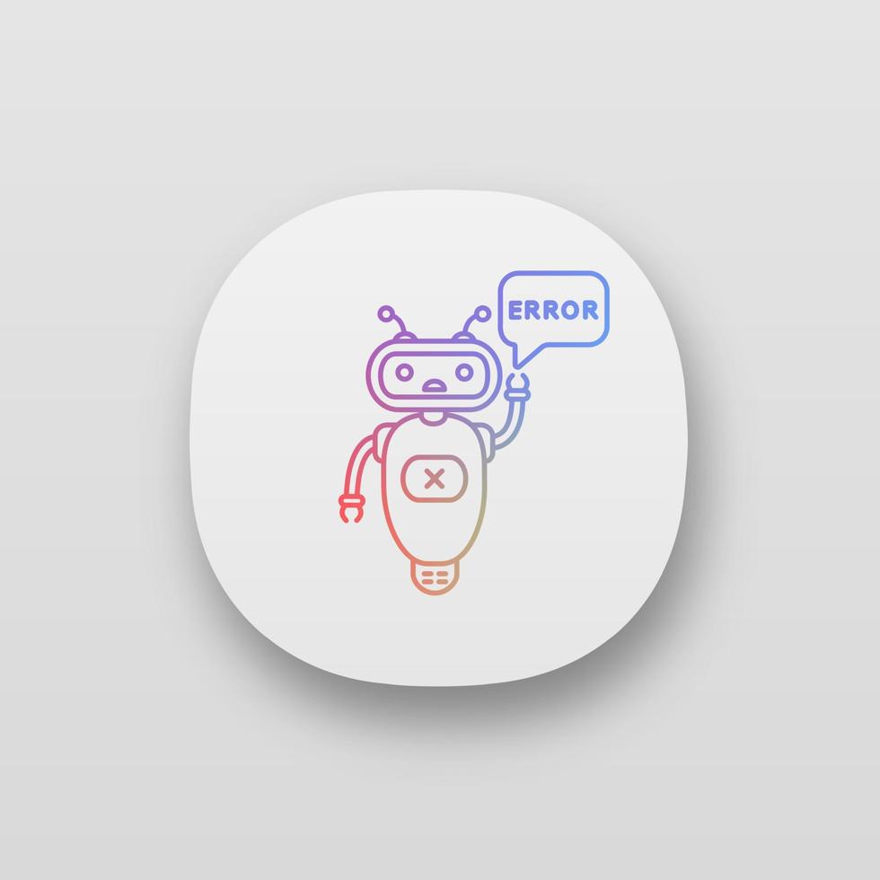 Error chatbot app icon. UI UX user interface. Talkbot with error in speech bubble. Online customer support. Virtual assistant. Modern robot. Web or mobile application. Vector isolated illustration