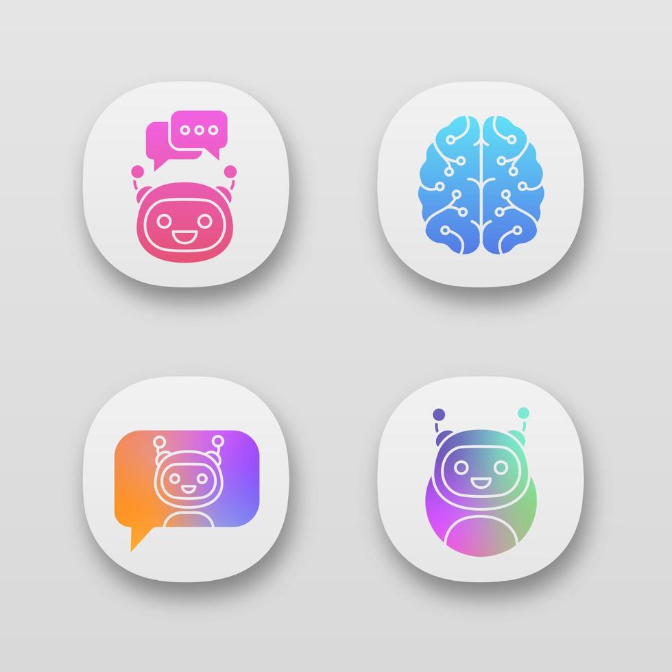 Chatbots app icons set. UI UX user interface. Virtual assistants. Messenger and chat bots. Processor. Digital brain. Modern robots. Web or mobile applications. Vector isolated illustrations