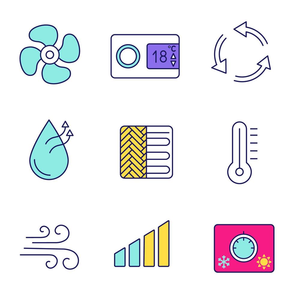 Air conditioning color icons set. Power level, digital thermostat, ventilation, humidification, floor heating, thermometer, airflow, climate control knob, exhaust fan. Isolated vector illustrations