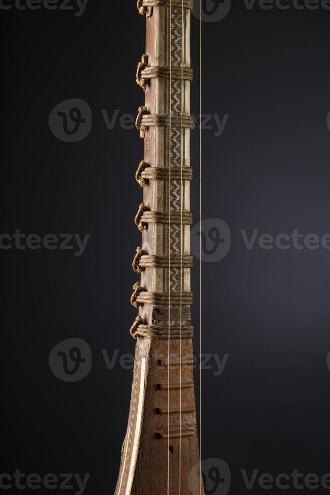 ancient Asian stringed musical instrument on black background with backlight. tuning peg photo