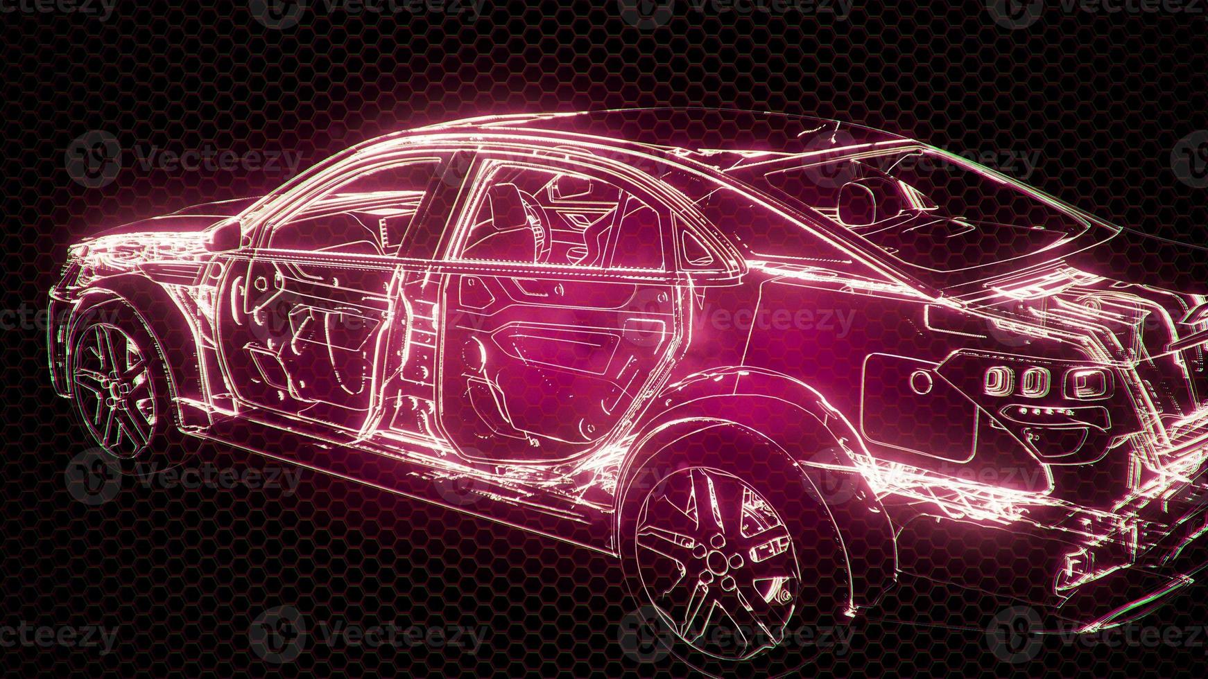 Holographic animation of 3D wireframe car model with engine photo