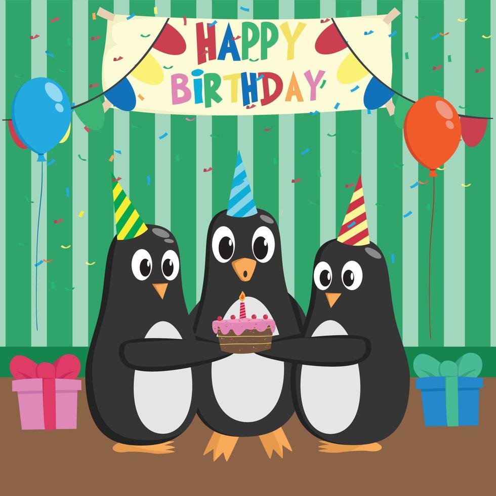 lindo pingüino en fiesta de cumpleaños con decoración de cumpleaños vector