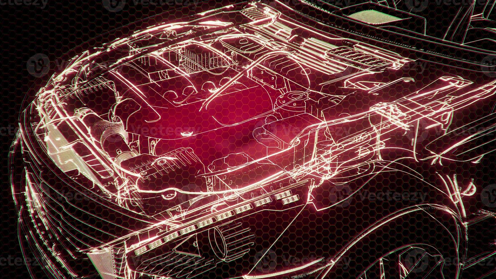 Holographic animation of 3D wireframe car model with engine photo