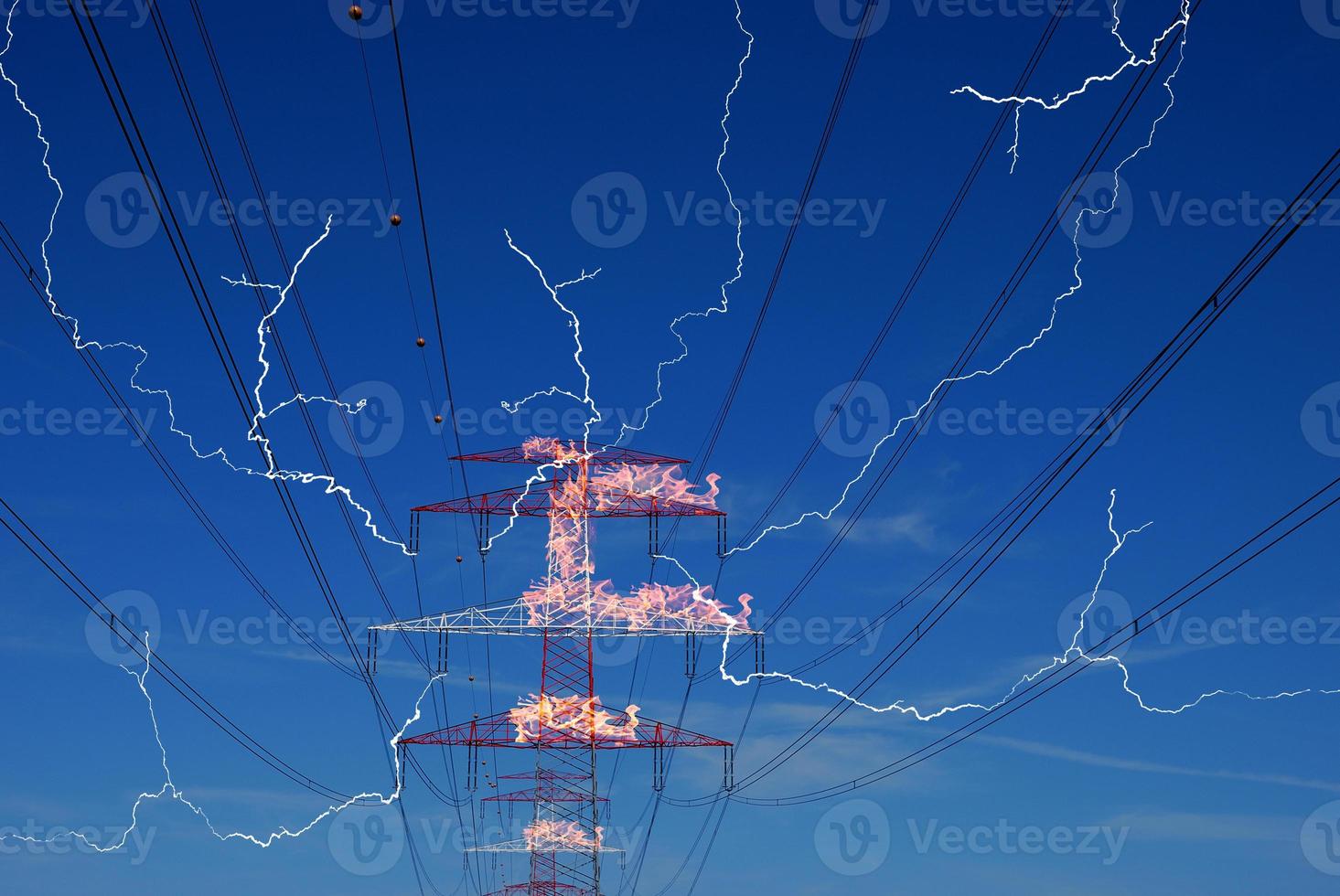 burning electricity pylons with many bright lightnings electricity prices increase due to inflation photo