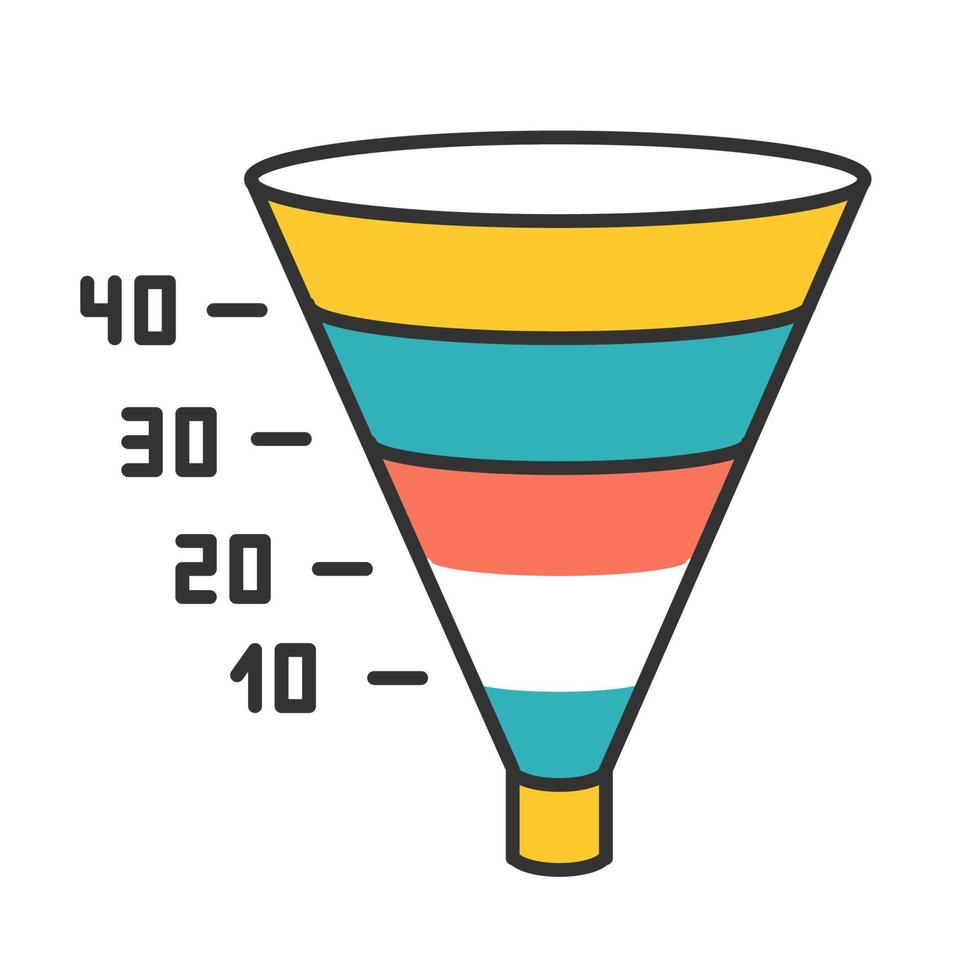 Funnel graph color icon. Marketing strategy chart. Conversion economic plan. Financial report. Business research presentation. Visualization with segments and numbers. Isolated vector illustration