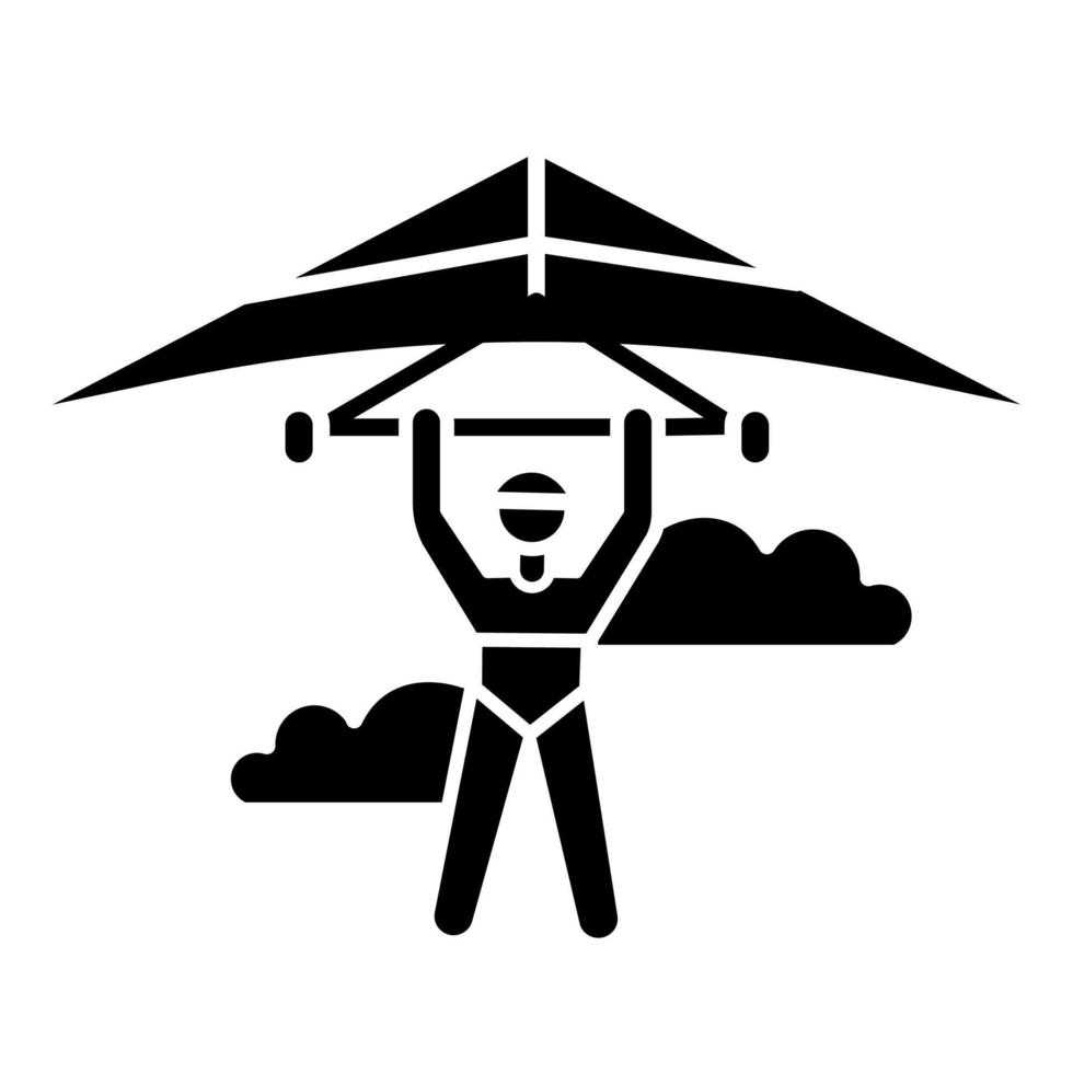 Hang gliding glyph icon. Hangglider pilot flying. Extreme air sport. Skydiving stunt. Adrenaline flights in sky. Paragliding trick. Silhouette symbol. Negative space. Vector isolated illustration