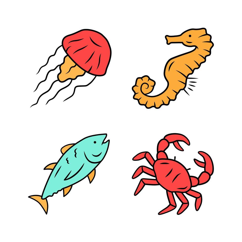 conjunto de iconos de colores de animales marinos. atún nadador, cangrejo, caballito de mar, medusa. menú de restaurante de mariscos. fauna marina habitantes del mundo submarino. peces y moluscos del océano. ilustraciones de vectores aislados