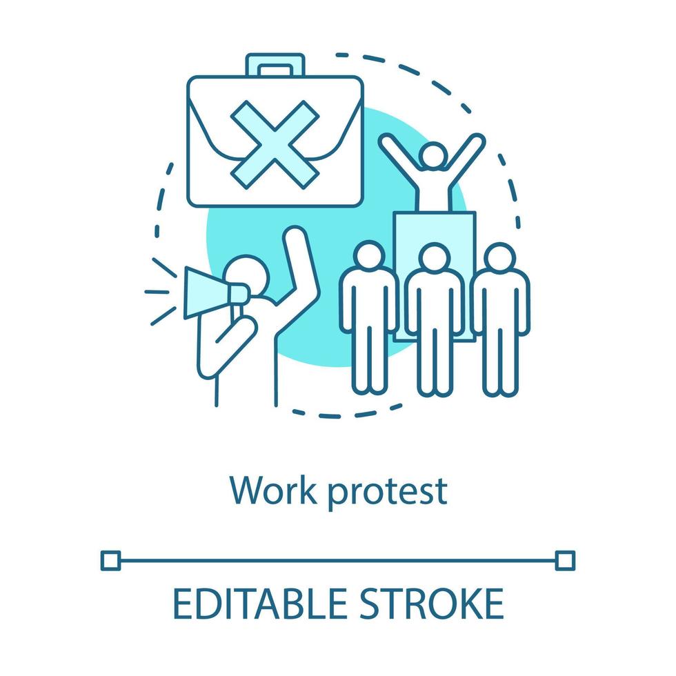 Work protest concept icon. Social demonstration, labor union strike, communism idea thin line illustration. Angry workers, protesters with megaphone vector isolated outline drawing. Editable stroke