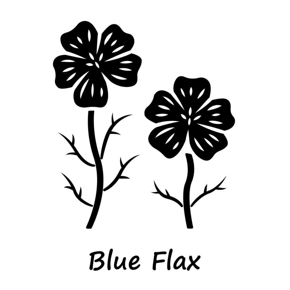 Blue flax plant glyph icon. Linen wild flower with name inscription. Spring blossom. Blooming linum wildflower inflorescence. Silhouette symbol. Negative space. Vector isolated illustration