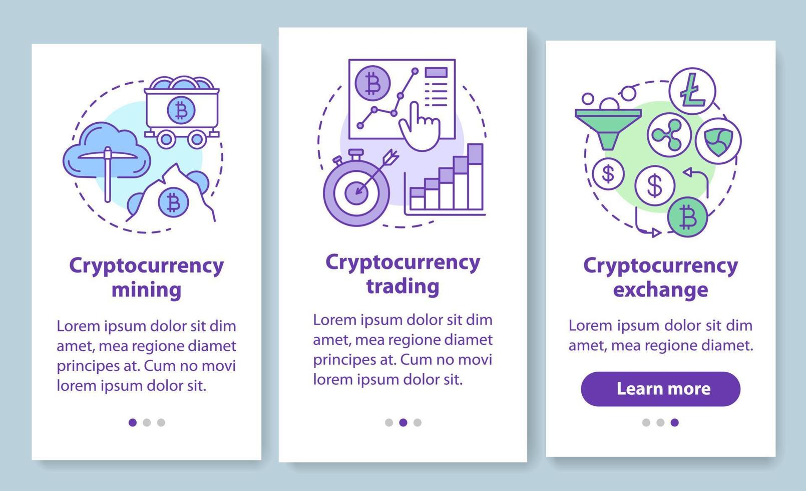 pantalla de la página de la aplicación móvil de incorporación de criptomonedas con conceptos lineales. Instrucciones gráficas para la extracción, el comercio y el intercambio de criptomonedas. ux, ui, plantilla vectorial gui con ilustraciones vector