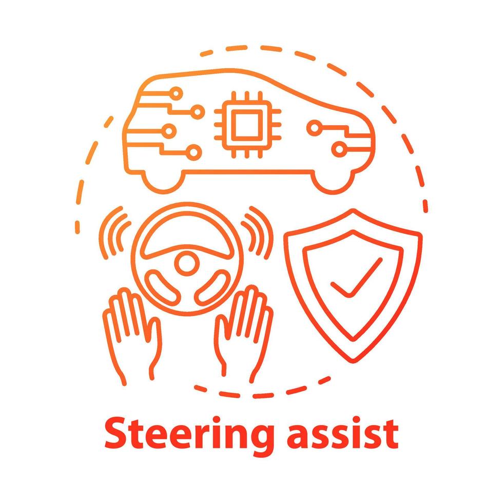 Steering assist concept icon. Smart car. Steering support. Driverless vehicle. Safe driving autopilot idea thin line illustration. Vector isolated outline drawing. Editable stroke