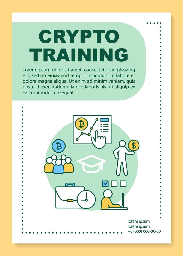 Crypto training poster template layout. Cryptocurrency trading analytics. Bitcoin business. Banner, booklet, leaflet print design with icons. Vector brochure layouts for magazines, advertising flyers