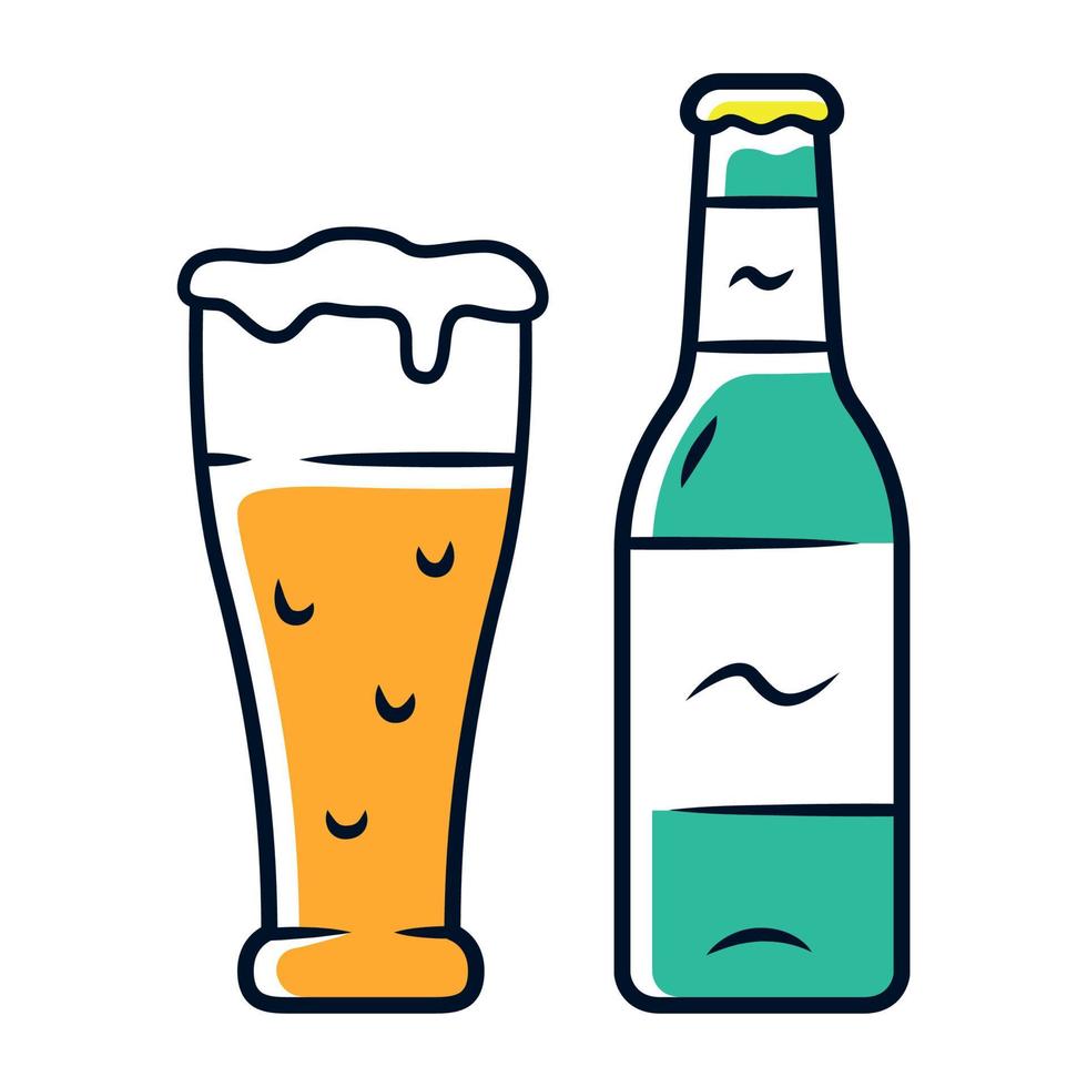 Beer color icon. Uncorked bottle and glass of beverage. Bottled and draft lager. Alcoholic drink. Brewing. Pint of ale. Booze for party. Isolated vector illustration