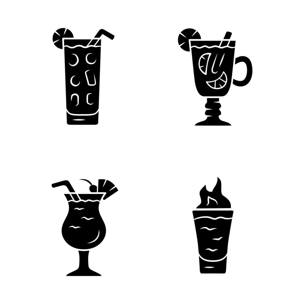 conjunto de iconos de glifo de bebidas. cóctel en vaso highball, toddy caliente, piña colada, chupito llameante. mezclas alcohólicas y refrescos. bebidas símbolos de silueta. ilustración vectorial aislada vector